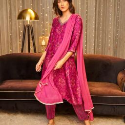 W Purple Printed A Line Kurta-image-9