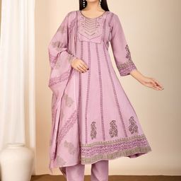 FILIB LONDON Floral Printed Round Neck Cotton Slik A-Line Kurta & Trousers With Dupatta-picture-21