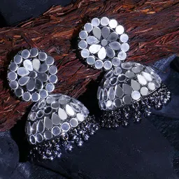 Sangria Silver-Plated Artificial Stones Studded Dome Shaped Oxidised Jhumkas-4