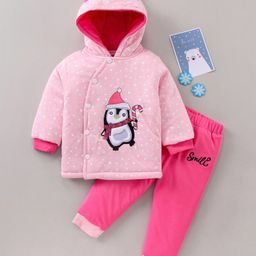 Babyhug Cotton Woven Full Sleeves Penguin Patch Winter Wear Hooded Tee & Jogger - Pink-image-28