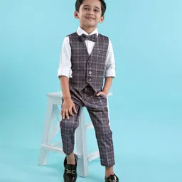 Robo Fry Cotton Lycra Full Sleeves Checkered Party Suits with Bow Tie - Grey & White-picture-46