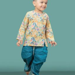 Polka Tots Full Sleeves Scallop Design Flower Motif Kurta & Gota Lace Embellished Dhoti - Blue-image-67