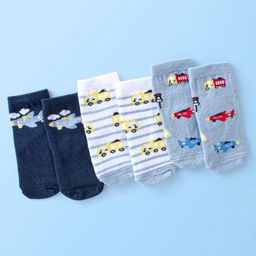 Cute Walk By Babyhug Anti Bacterial Ankle Length Socks Striped & Aircraft Design Pack Of 3 - Blue White & Grey-picture-3