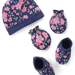 Babyhug 100% Cotton Cap Mittens & Booties Set with Floral Print - Navy Blue-image-68