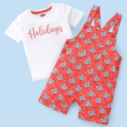 Babyhug Single Jersey Knit Dungaree & Half Sleeves T-Shirt Palm Tree Print - White & Red-image-94