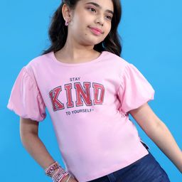 Pine Kids Cotton Half Sleeves Glitter Text Printed Top - Pink Frosting-image-89