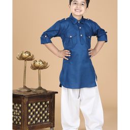 AJ Dezines Full Sleeves Solid Cotton Kurta Pyjama Set -Blue-image-41