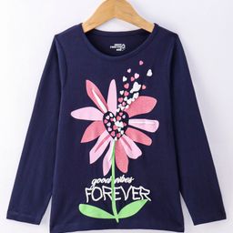 Under Fourteen Only Full Sleeves Floral Shimmered & Good Vibes Foreover Text Printed Top - Navy Blue-image-82