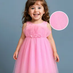 Babyhug Woven Sleeveless Mesh Shimmered Party Frock with Floral Corsage  - Pink-picture-6