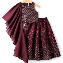 Babyhug Woven Sleeveless Neck Lehenga Choli Set with Floral Embroidery Sequin & Dupatta - Maroon-image-12