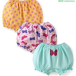 Babyoye Cotton Elastane Knit Bloomers With Floral & Butterfly Print Pack Of 3 - Pink Yellow & Light Blue-image-79