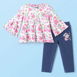 Babyhug Single Jersey Knit Full Bell Sleeves Top & Jeans Set With Floral Print & Embroidery - White & Navy Blue-image-80