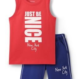 Honeyhap Premium 100& Cotton Knit Sleeveless Shorts Night Suit With Text Print - High Risk Red & Limoges-image-33