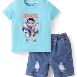 Mark & Mia Knitted Half Sleeves T-Shirt & Cotton Lycra Denim Shorts with Space Theme Print - Light Blue-image-67