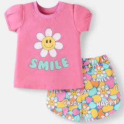 Babyhug Cotton Knit Half Sleeves Shorts Nightsuit with Smile & Floral Print - Pink-image-87