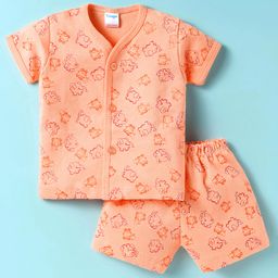 Tango Interlock Half Sleeves Co-ords Front Open Shorts Night Suit with Elephant Print - Orange-image-53