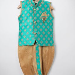 Dapper Dudes Sleeveless Ethnic Motifs Embroidered Coordinating Dhoti Kurta Set - Green-image-75