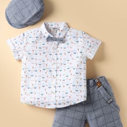ToffyHouse Poplin Woven Half Sleeves Nautical Theme Printed Shirt & Checkered Shorts Set with Bow Cap & Suspender - White & Light Grey-image-42