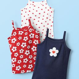 Babyhug 100% Cotton Singlet Floral & Heart Printed Slips Pack of 3 - White Red & Navy Blue-image-84