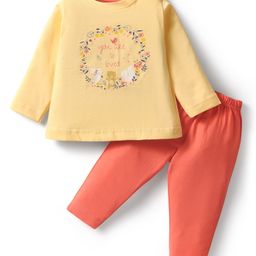 Zero Sinker Knit Full Sleeves Top & Leggings Set With Floral & Animal Print - Lemon Yellow & Coral-image-39