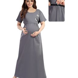Fabme Cotton Knit Half Sleeves Baby Pandas Printed Night Dress With Nursing Access - Grey-image-96