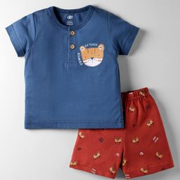 Zero Sinker Knit Half Sleeves Shorts Night Suit With Animal Print - Red & Blue-picture-43