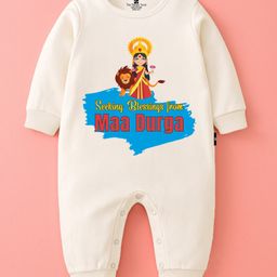The Peppy Tend 100% Cotton Knit Durga Puja Theme Full Sleeves Seeking Blessings From Maa Durga Text Printed Romper - White-picture-49