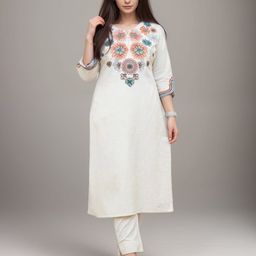 Fabmoha Floral Embroidered Notch-Neck Straight Kurta With Trousers-56