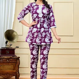 SANGANER MART Women Floral Printed Cotton Top with Trousers-23