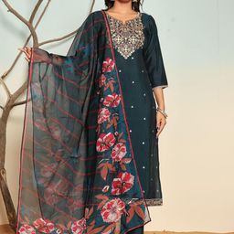 SUAAC Ethnic Motifs Embroidered Thread Work Straight Kurta with Trouser & Dupatta-picture-8