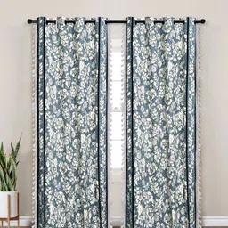 Myntra Elegant Homes Blue & Off White Set of 2 Floral Black Out Long Door Curtain-25