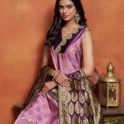 KALINI Dharti Floral Woven Design V-Neck Banarasi Straight Kurta With Salwar & Dupatta-picture-37
