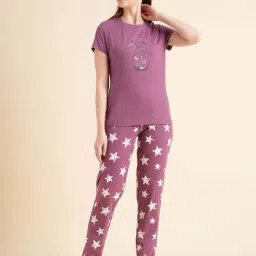 Sweet Dreams Purple Cotton Printed T-Shirt Pyjama Set-image-108