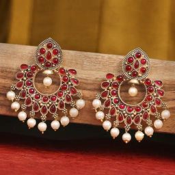 OOMPH Jewellery Red Kemp Stone & Pearls Dangler-23