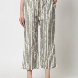 Office & You Olive Striped Regular Fit Mid Rise Palazzos-image-94
