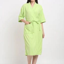 Creeva Everyday Parrot Green 225 GSM Micro Terry Bathrobe with Front Pocket & Kimono Collar-image-74