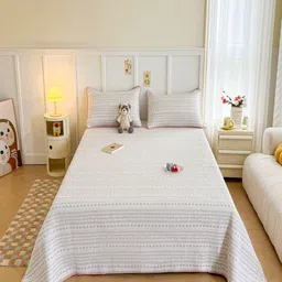 JC HOME White & Pink Printed Pure Cotton Double Bed Cover With Pillow Covers - 2 x 2.25 m-picture-23