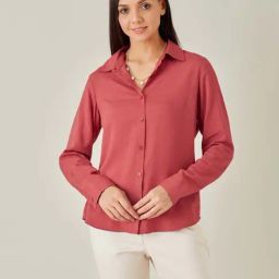 Qua Brick Red Textured Dobby Shirt-image-25