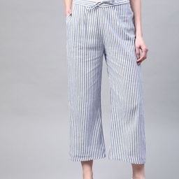 Laado - Pamper Yourself Women Blue & White Handloom Cotton Striped Wide Leg Sustainable Palazzos-picture-2
