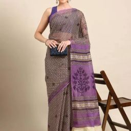SHANVIKA Beige & Purple Cotton Geometric Print Saree With Unstitched Blouse-picture-18
