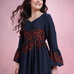 DressBerry Floral Print Sweetheart Neck Bell Sleeve Maxi Dress with Waist Tie-Up Detail-image-6