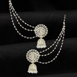 PRIVIU Gold-Plated Kundan Studded & Beaded Dome Shaped Jhumkas With Chain-image-91