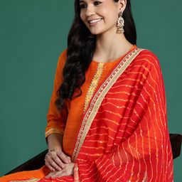 Sangria Women Solid Gotta Patti Straight Kurta with Palazzos & With Dupatta-picture-5