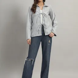 Chemistry Women Shirt Collar Tie-Up Cotton Top-image-87