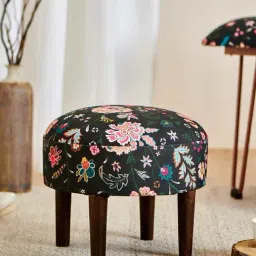 Chumbak Begum Palampore Floral Black Wood Foot Rest Ottoman-image-35