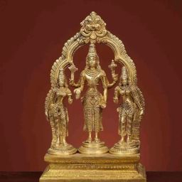 Ekaa Handicrafts Golden Brass Lord Vishnu With Bhudevi And Sridevi-image-26