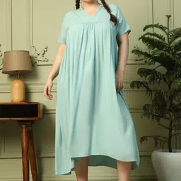Oxolloxo Plus Size V-Neck Short Sleeve Rayon Crepe Long washed Maxi Dress-picture-40