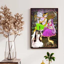 999Store Multicolor Canvas Lord Krishna Playing Flute With Mirabai Painting Floating Frame-0