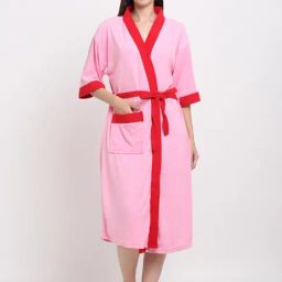 Creeva Everyday Pink & Red 225 GSM Micro Terry Bathrobe with Front Pocket & Kimono Collar-71