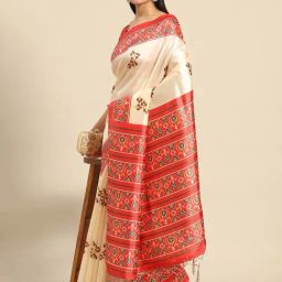 Saree Mall Beige & Red Digital Print Saree With Unstitched Blouse-image-1